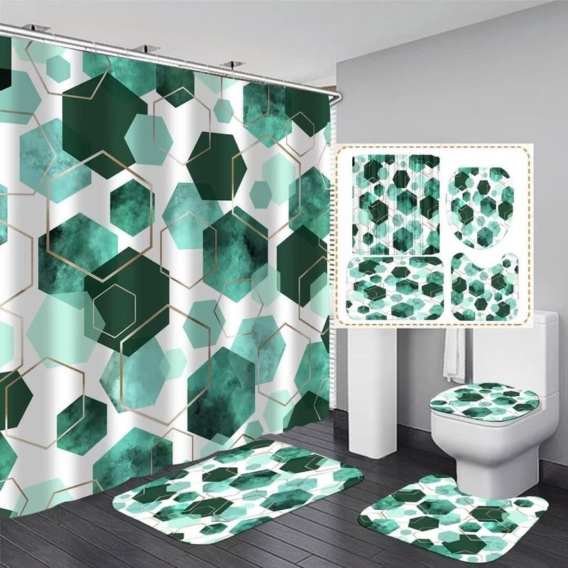LQCOOL 4Pcs Indigo Shower Curtain Set Marble Grain Geometric Bathroom Set Fresh Turquoise Abstract Bathroom Curtain Set with 12 Hooks Carpet Bath Mat and Toilet Rugs - Image 2